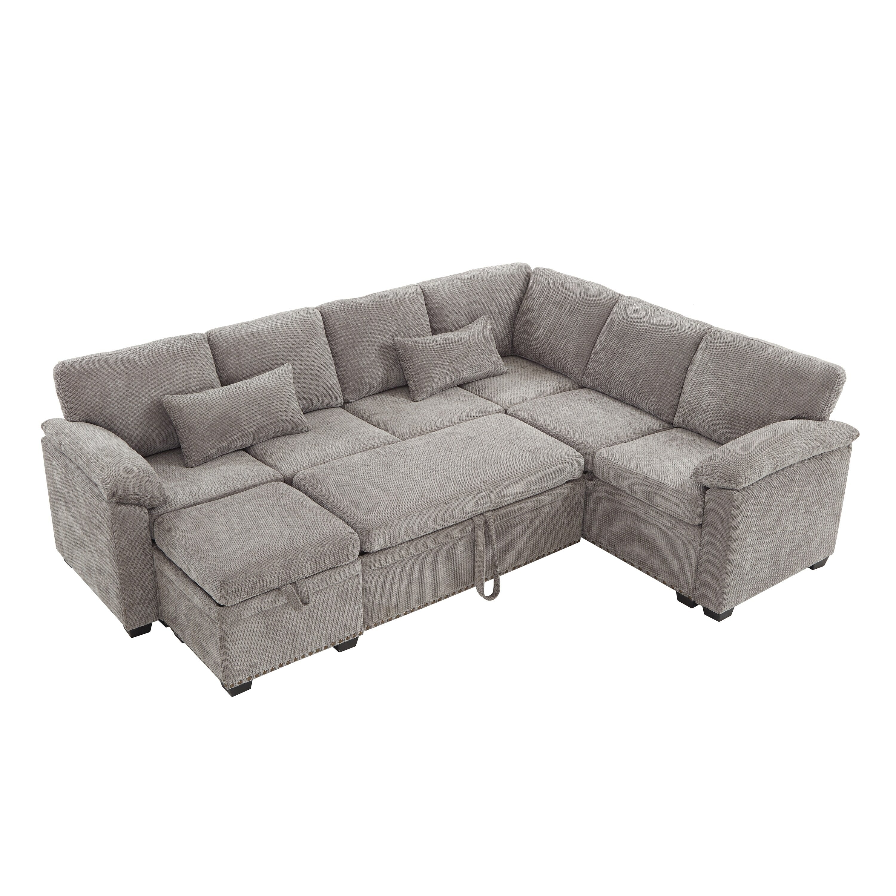 Modern L-Shaped Chenille Sectional Sofa with Pull-Out Sleeper, Storage Seats, Ottoman and 2 Pillows for Living Room