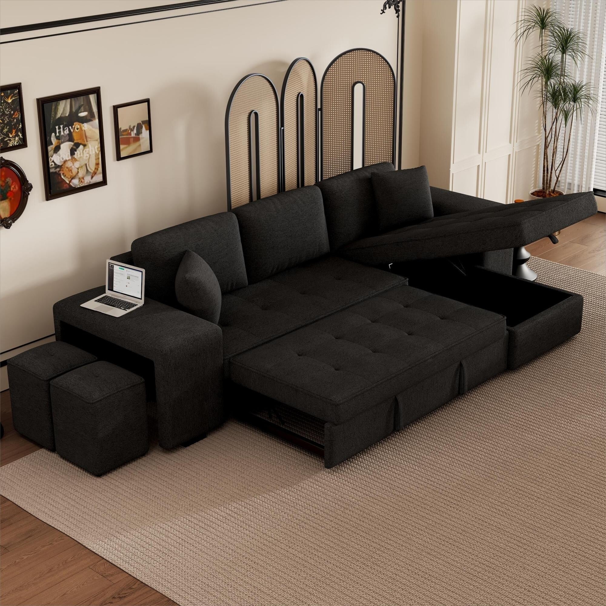 Modern L-Shaped Pull-Out Sectional Sofa Bed with Reversible Chaise, Storage and 2 Stools for Living Room Apartment