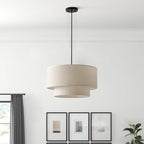 Modern Off-White Drum Pendant Light with 2-Tier Linen Fabrics Lampshade