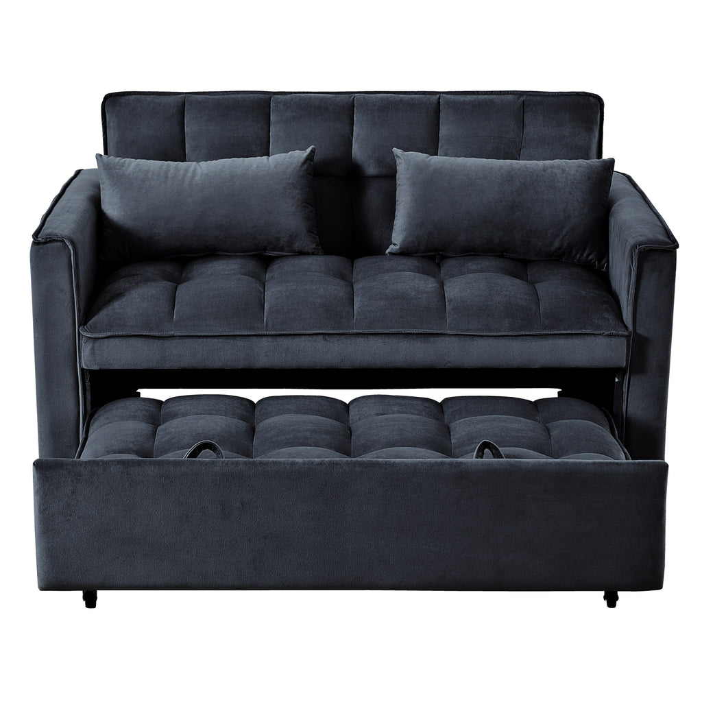 Modern Pull-Out Couch Bed, 3-in-1 Sleeper Sofa with Adjustable Backrest, Velvet Loveseat, Pillows & Side Pockets