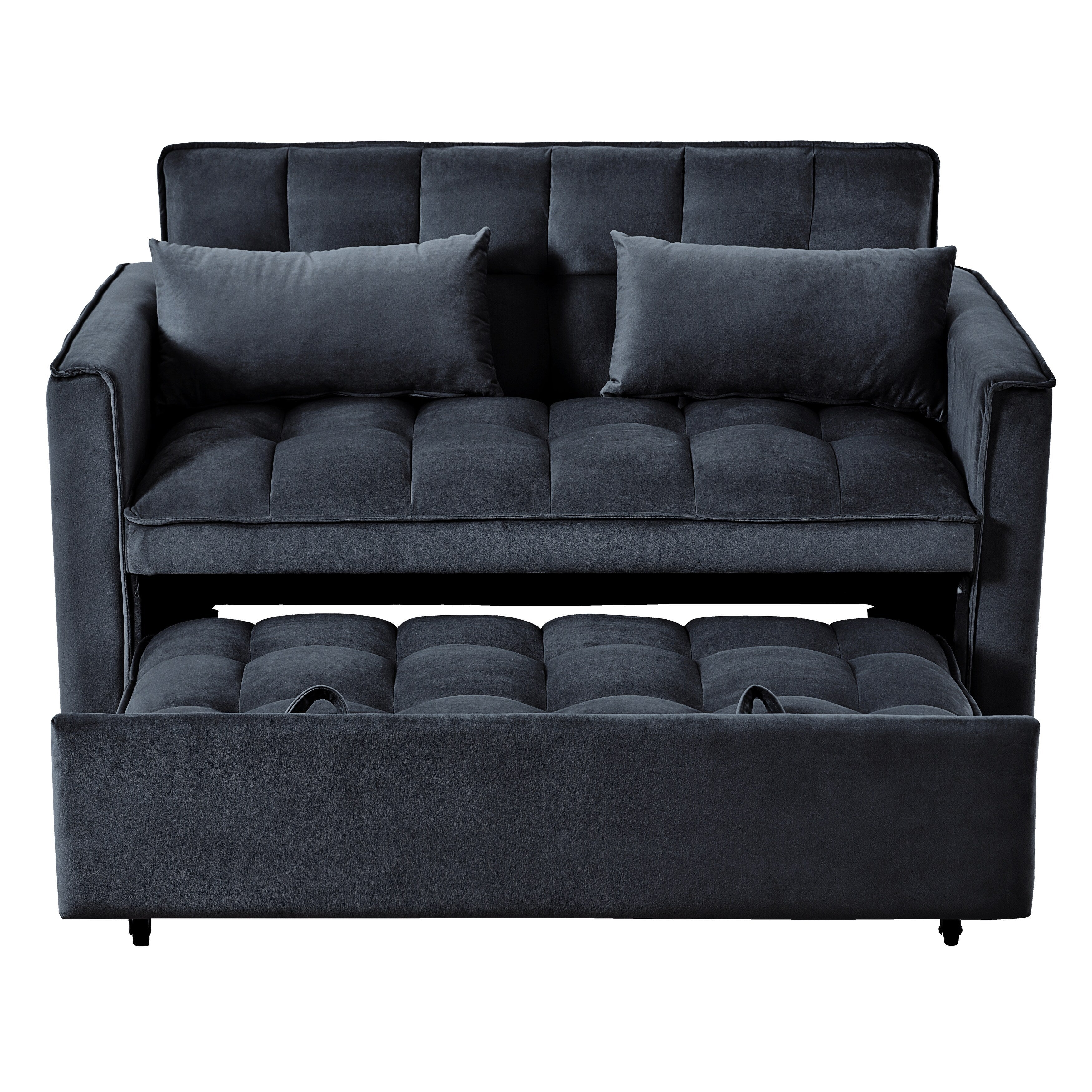 Modern Pull-Out Couch Bed, 3-in-1 Sleeper Sofa with Adjustable Backrest, Velvet Loveseat, Pillows & Side Pockets