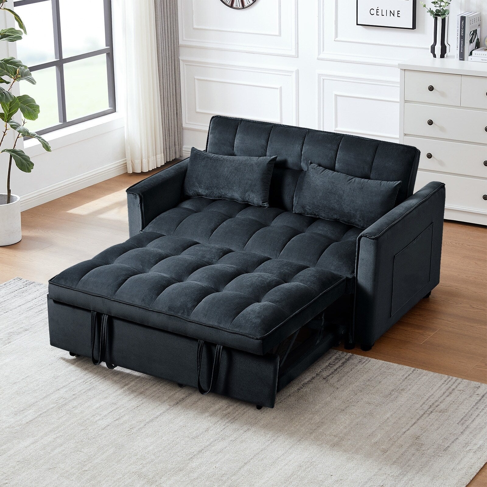 Modern Pull-Out Couch Bed, 3-in-1 Sleeper Sofa with Adjustable Backrest, Velvet Loveseat, Pillows & Side Pockets