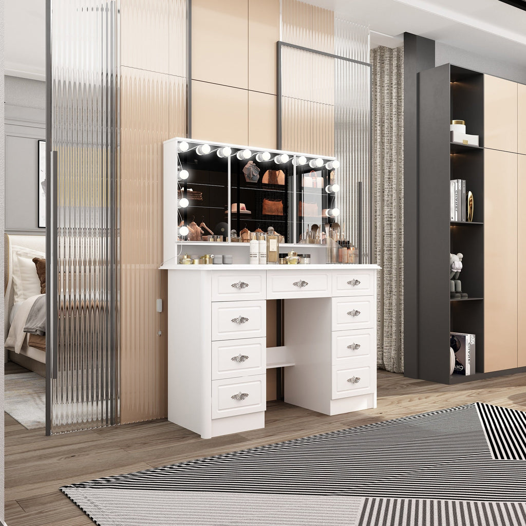 Modern White Makeup Vanity Fold Mirror Adjustable Lighting Dressing - 40.2x54.1