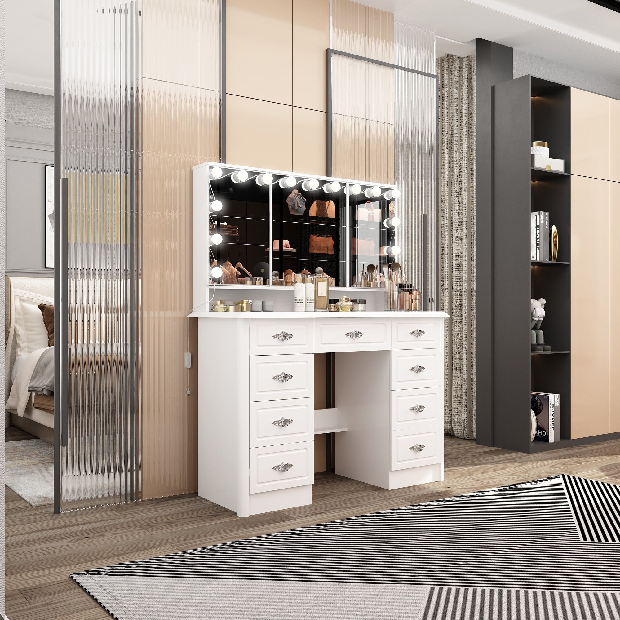 Modern White Makeup Vanity Fold Mirror Adjustable Lighting Dressing - 40.2x54.1