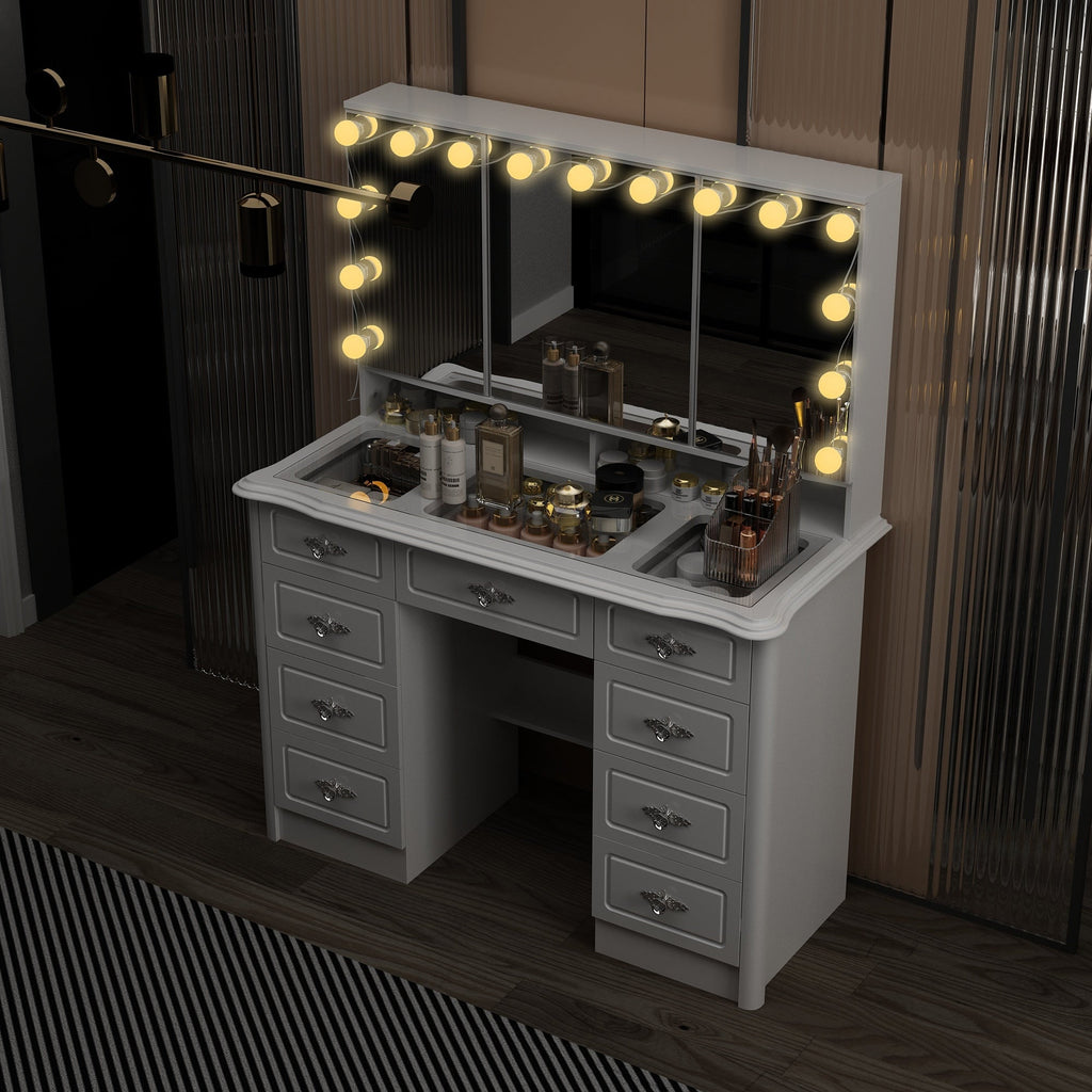 Modern White Makeup Vanity Fold Mirror Adjustable Lighting Dressing - 40.2x54.1