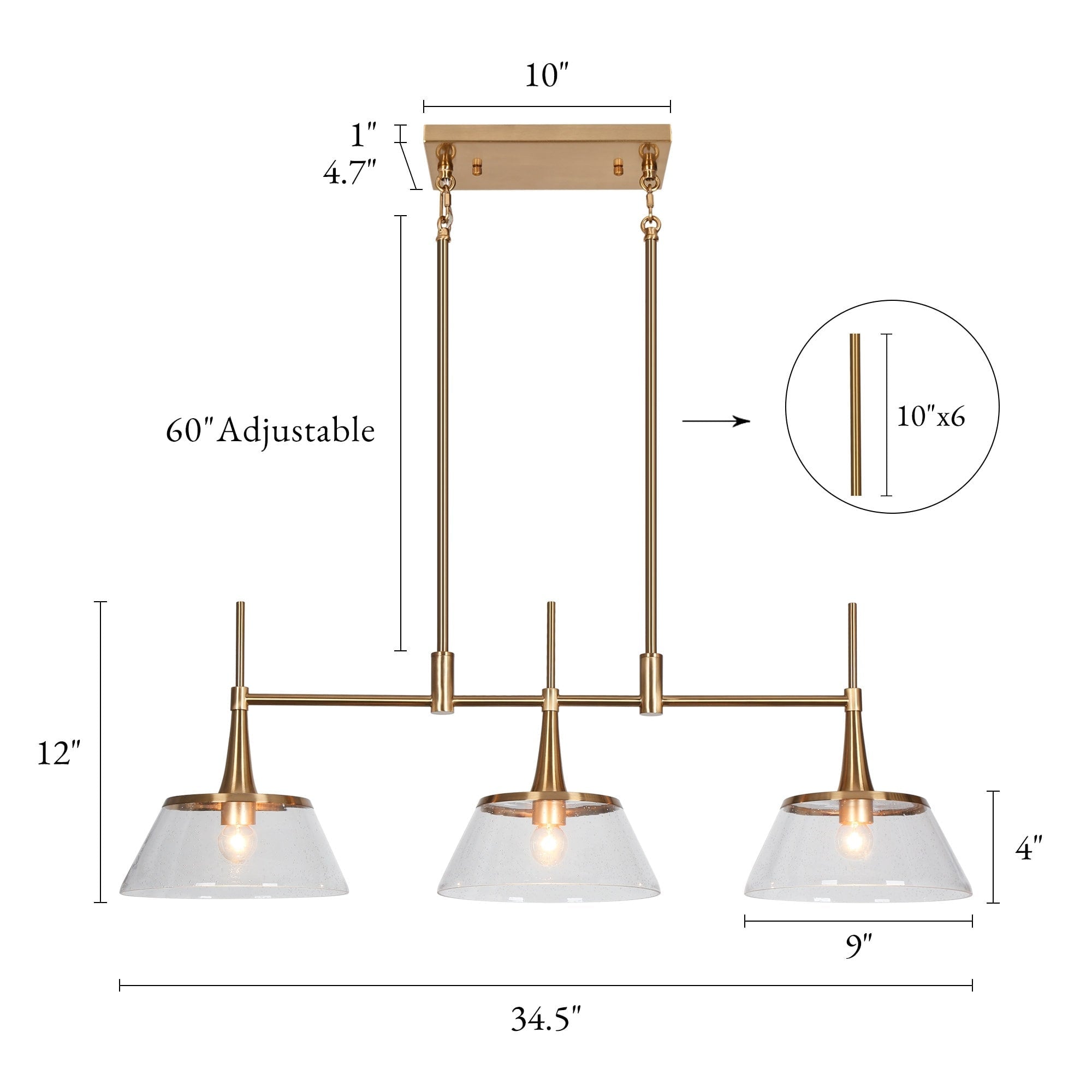 Mola Modern Gold 3-Light Seeded Glass Chandelier Linear Island Pendant Light for Dining Room
