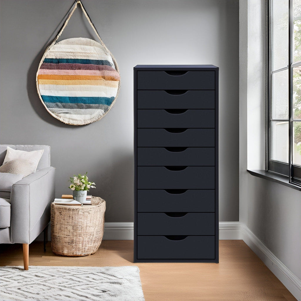 Narrow Wooden 9-Drawer Cabinet with Smooth-Glide Drawers and Top Storage Shelf
