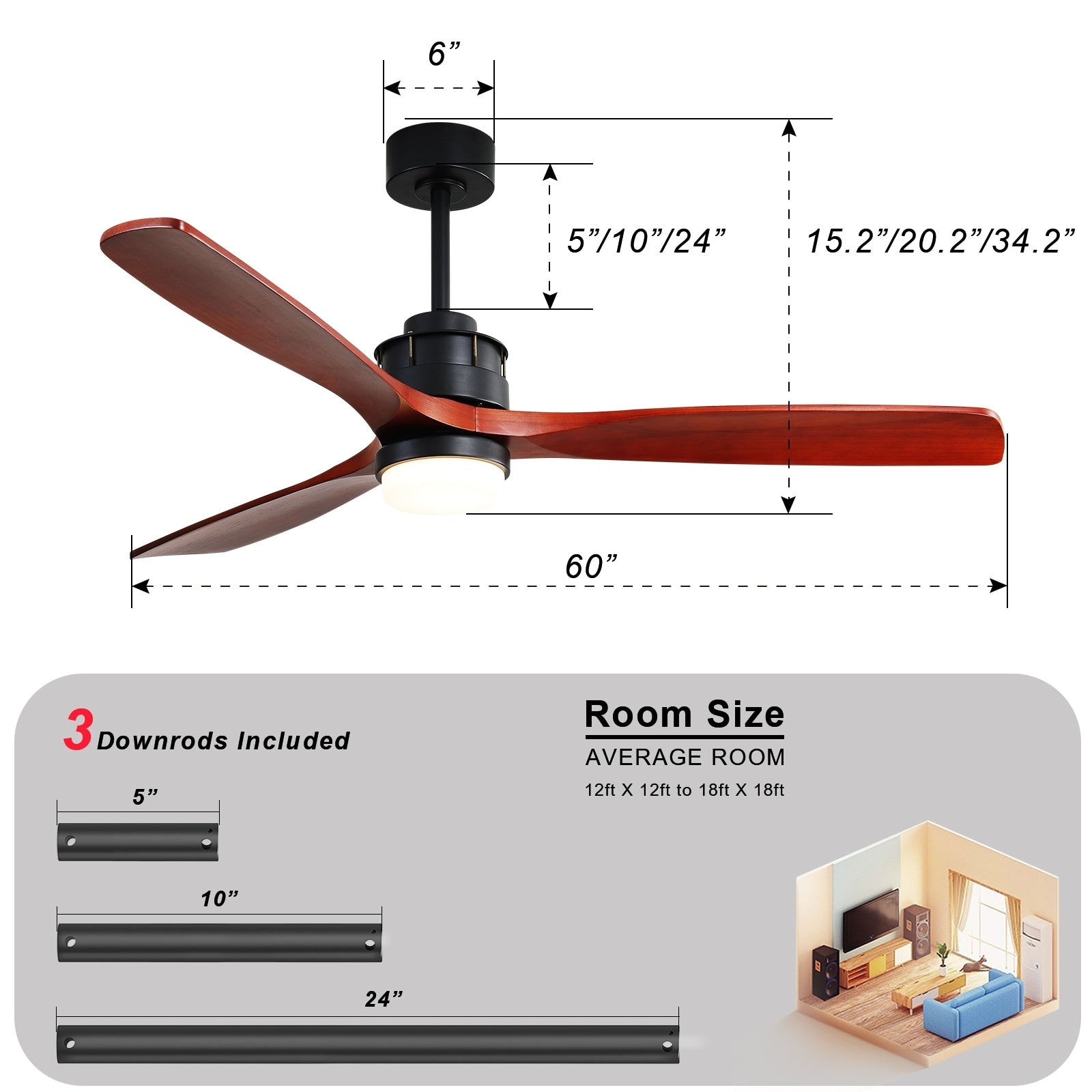 52/60/48 Noiseless Walnut Wood Ceiling Fan with Remote Control, Integrated Light Optional