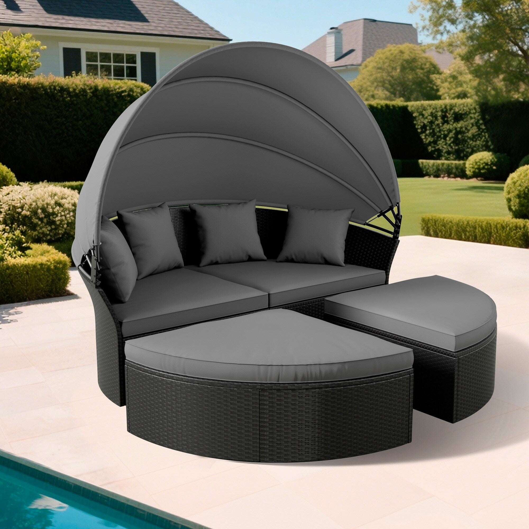 Nuon 4-piece Outdoor Black Wicker Patio Round Daybed Sectional Sofa Set with Retractable Canopy by Havenside Home