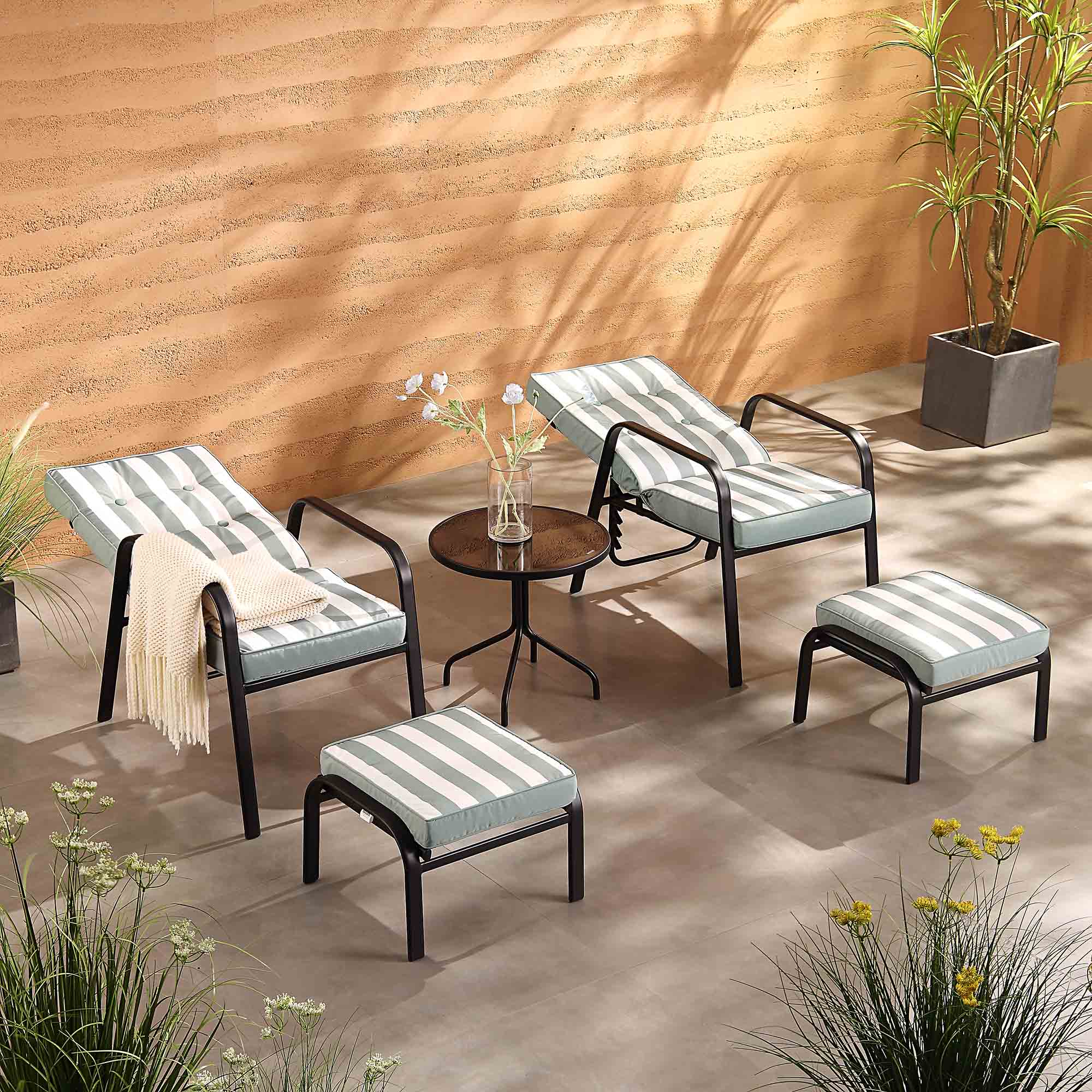 Champneys 2-Seater Steel and Fabric Outdoor Reclining Bistro Set with Stool, Sage Green