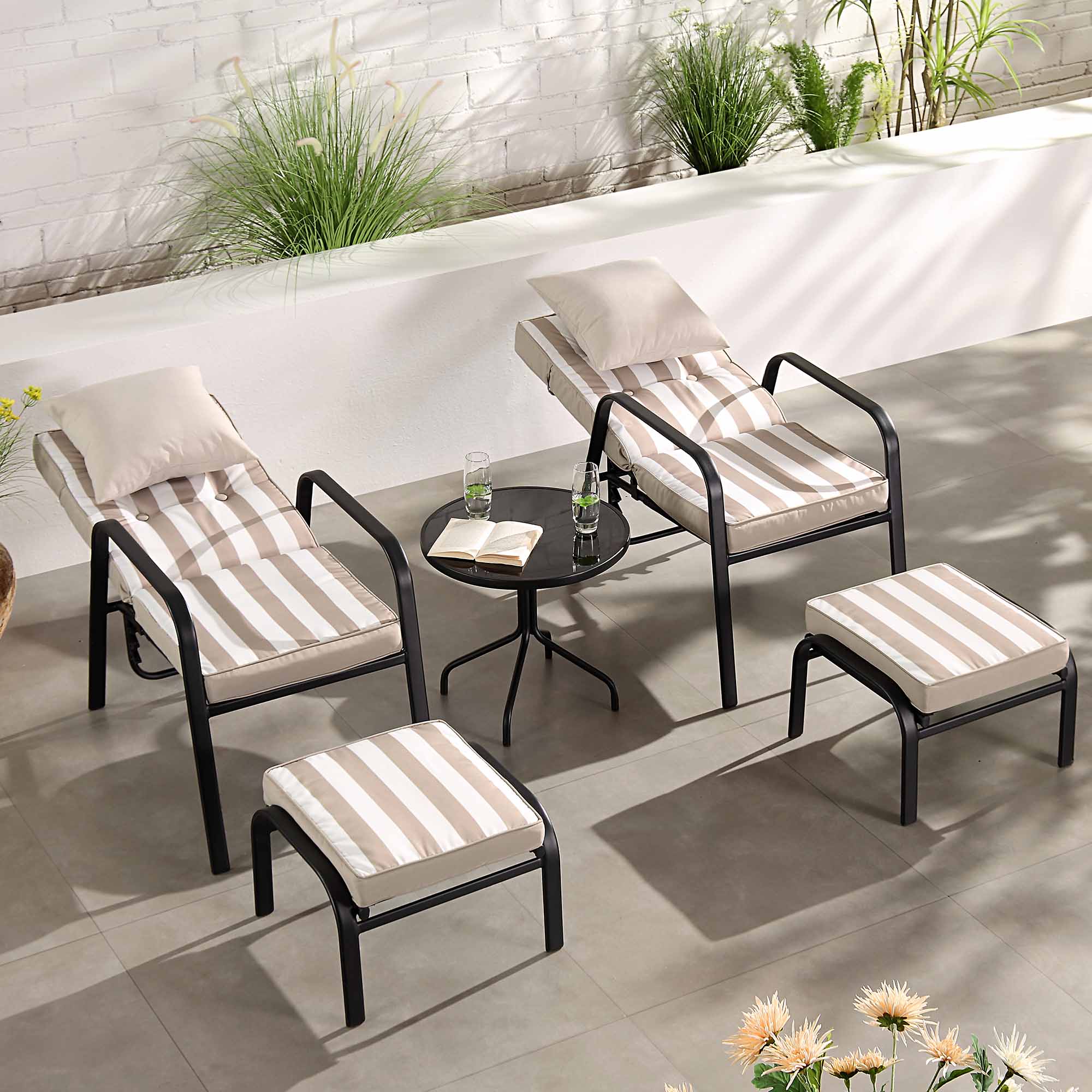 Champneys 2-Seater Steel and Fabric Outdoor Reclining Bistro Set with Stool, Taupe