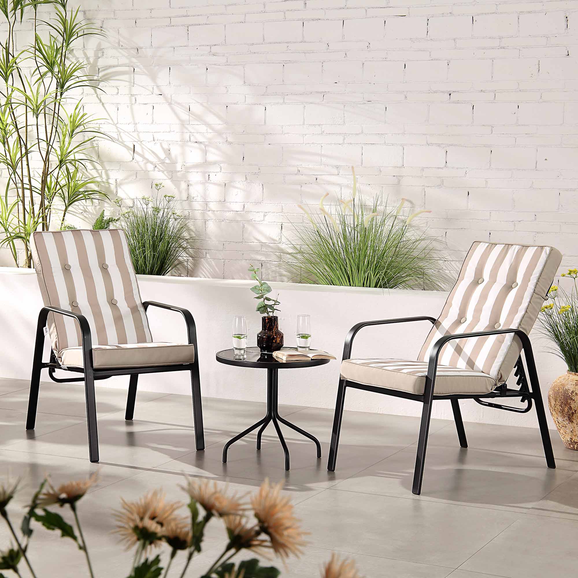 Champneys 2-Seater Steel and Fabric Outdoor Reclining Bistro Set with Stool, Taupe