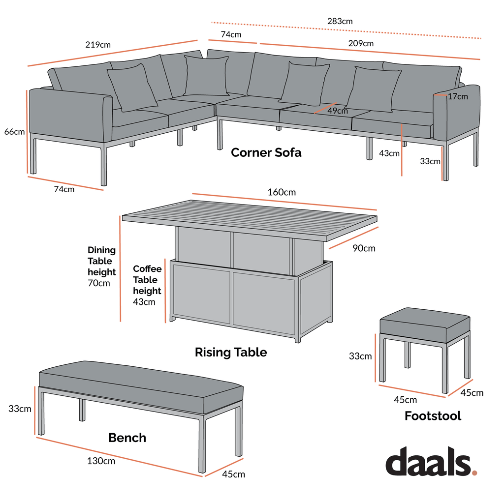 Calabasas Large Outdoor Fabric and Aluminium Corner Casual Dining Set with Rising Table, Taupe