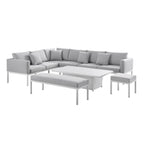 Calabasas Large Outdoor Fabric and Aluminium Corner Casual Dining Set with Rising Table, Light Grey