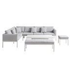 Calabasas Large Outdoor Fabric and Aluminium Corner Casual Dining Set with Rising Table, Light Grey