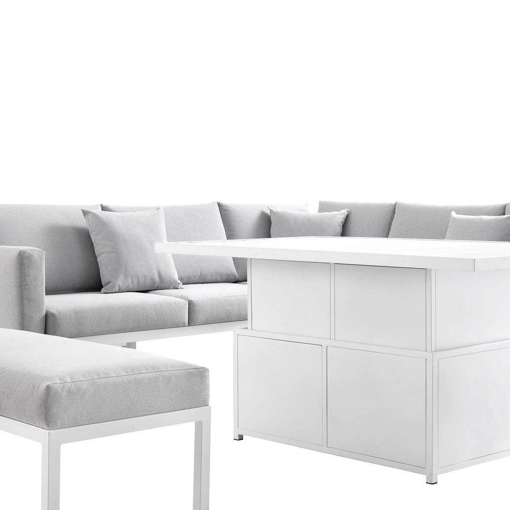 Calabasas Large Outdoor Fabric and Aluminium Corner Casual Dining Set with Rising Table, Light Grey