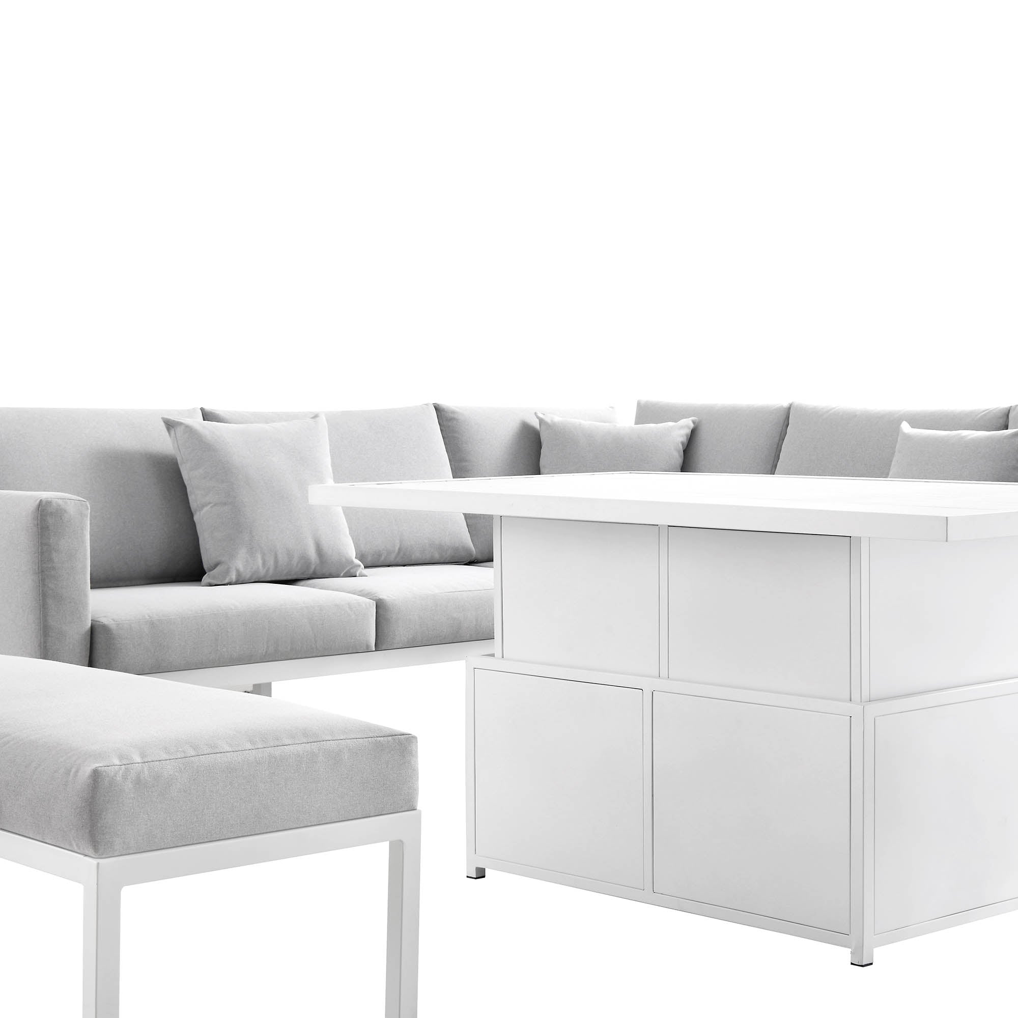 Calabasas Large Outdoor Fabric and Aluminium Corner Casual Dining Set with Rising Table, Light Grey