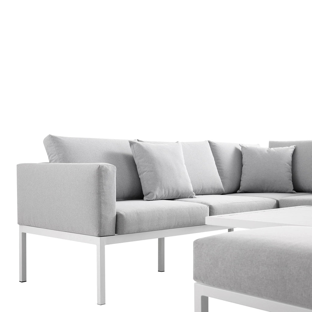 Calabasas Large Outdoor Fabric and Aluminium Corner Casual Dining Set with Rising Table, Light Grey