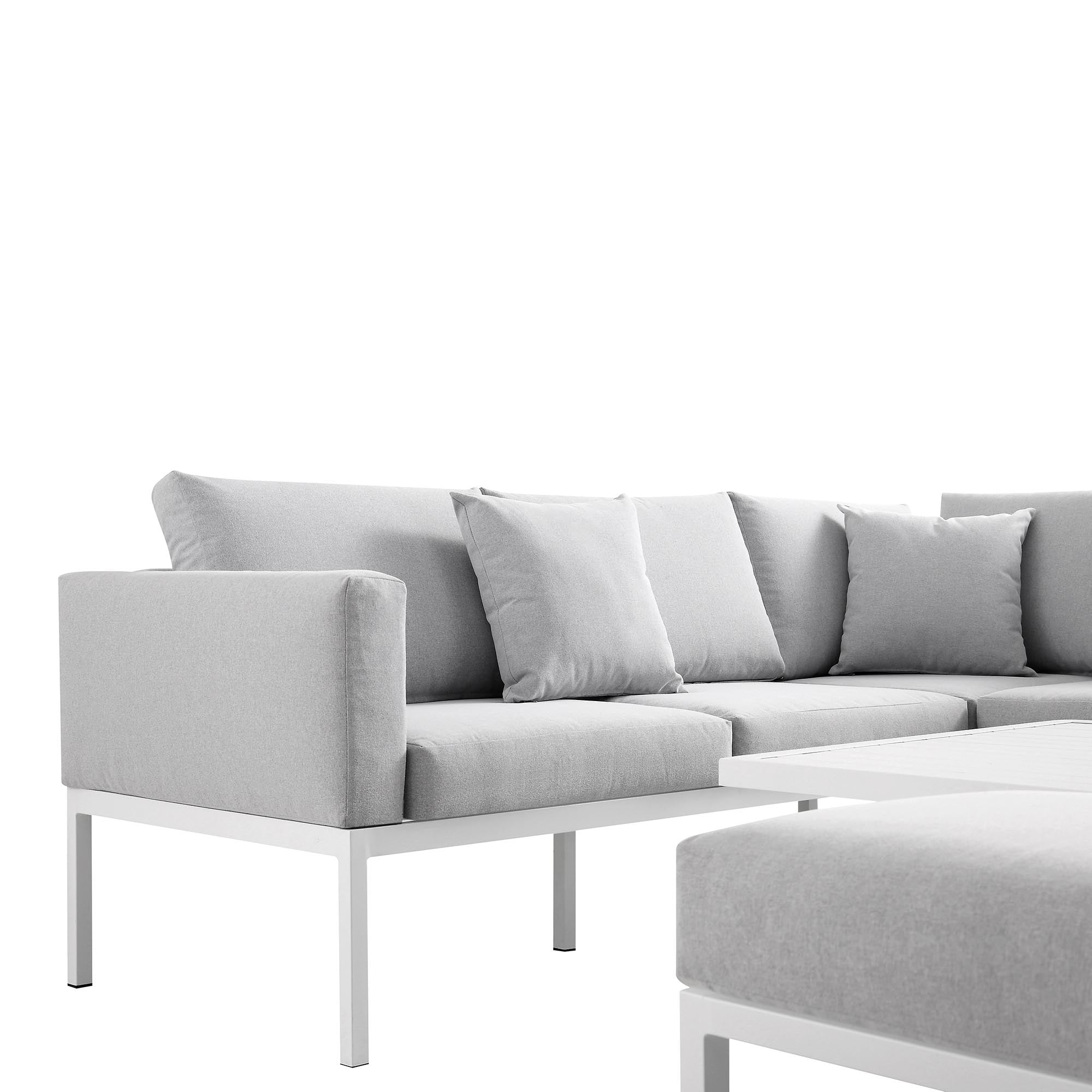 Calabasas Large Outdoor Fabric and Aluminium Corner Casual Dining Set with Rising Table, Light Grey