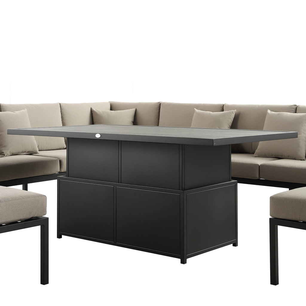 Calabasas Large Outdoor Fabric and Aluminium Corner Casual Dining Set with Rising Table, Taupe