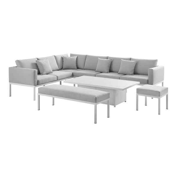 Calabasas Large Outdoor Fabric and Aluminium Corner Casual Dining Set with Rising Table, Light Grey