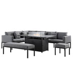 Calabasas Large Outdoor Fabric and Aluminium Corner Casual Dining Set with Firepit Table, Dark Grey
