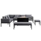 Calabasas Large Outdoor Fabric and Aluminium Corner Casual Dining Set with Firepit Table, Dark Grey