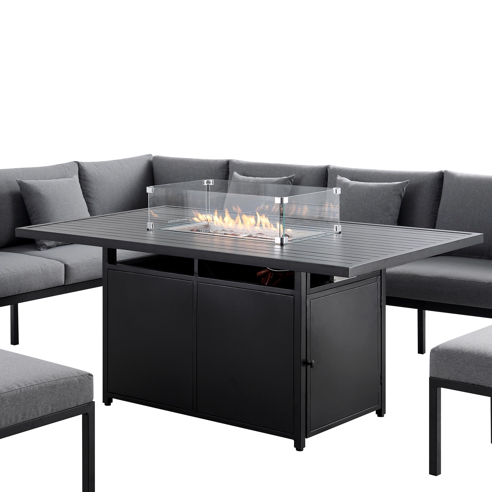 Calabasas Large Outdoor Fabric and Aluminium Corner Casual Dining Set with Firepit Table, Dark Grey