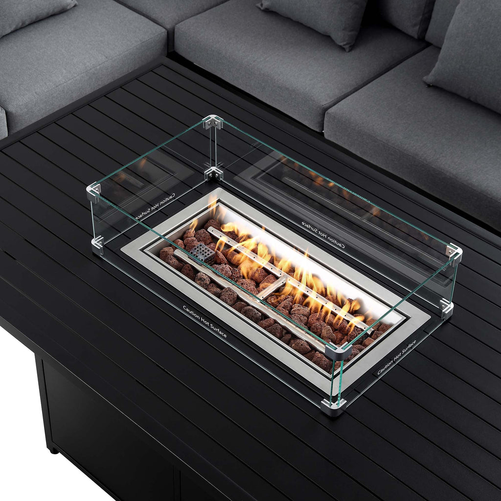 Calabasas Large Outdoor Fabric and Aluminium Corner Casual Dining Set with Firepit Table, Dark Grey