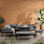 Calabasas Large Outdoor Fabric and Aluminium Corner Casual Dining Set with Firepit Table, Dark Grey