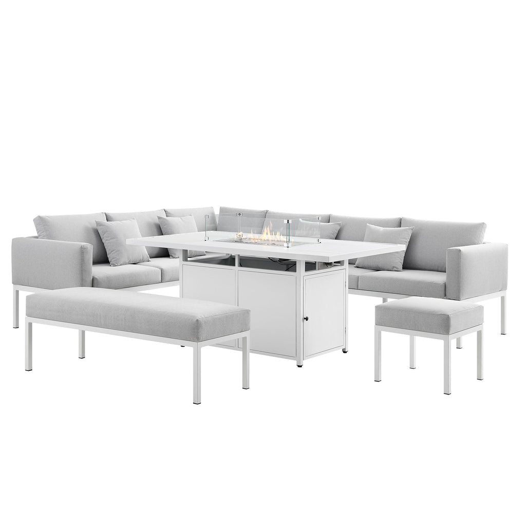 Calabasas Large Outdoor Fabric and Aluminium Corner Casual Dining Set with Firepit Table, Light Grey