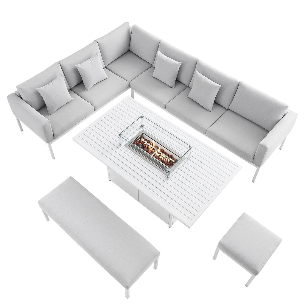 Calabasas Large Outdoor Fabric and Aluminium Corner Casual Dining Set with Firepit Table, Light Grey