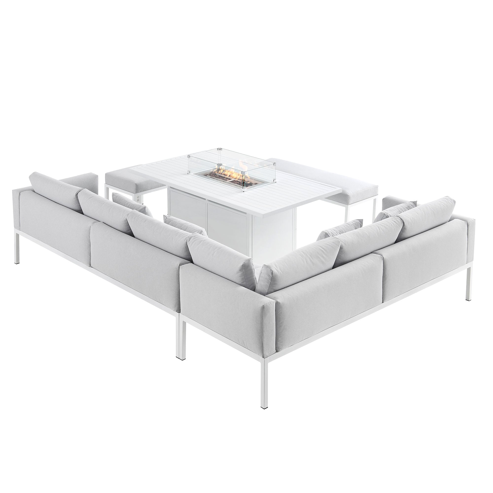 Calabasas Large Outdoor Fabric and Aluminium Corner Casual Dining Set with Firepit Table, Light Grey