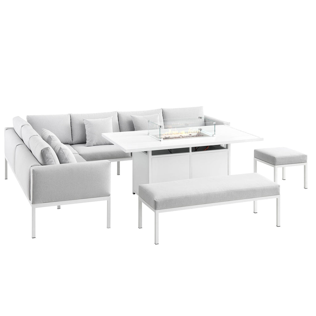 Calabasas Large Outdoor Fabric and Aluminium Corner Casual Dining Set with Firepit Table, Light Grey