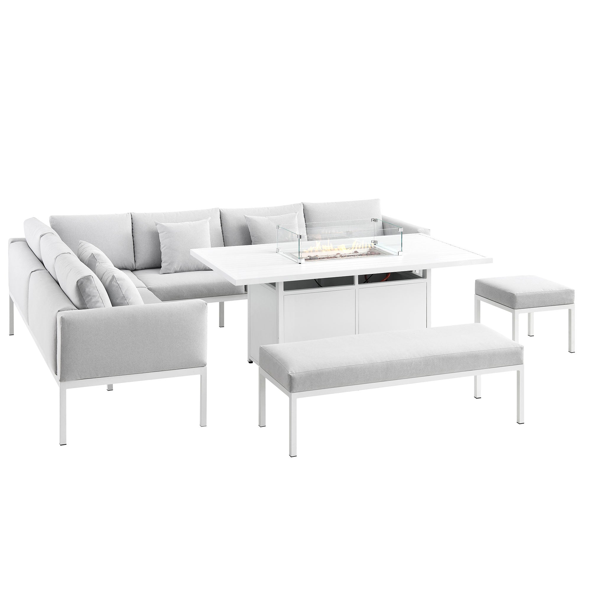 Calabasas Large Outdoor Fabric and Aluminium Corner Casual Dining Set with Firepit Table, Light Grey