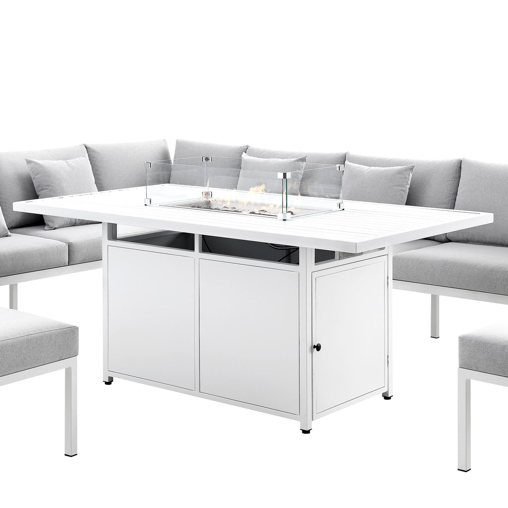 Calabasas Large Outdoor Fabric and Aluminium Corner Casual Dining Set with Firepit Table, Light Grey