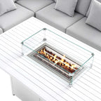 Calabasas Large Outdoor Fabric and Aluminium Corner Casual Dining Set with Firepit Table, Light Grey