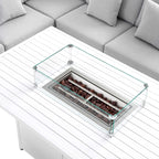 Calabasas Large Outdoor Fabric and Aluminium Corner Casual Dining Set with Firepit Table, Light Grey