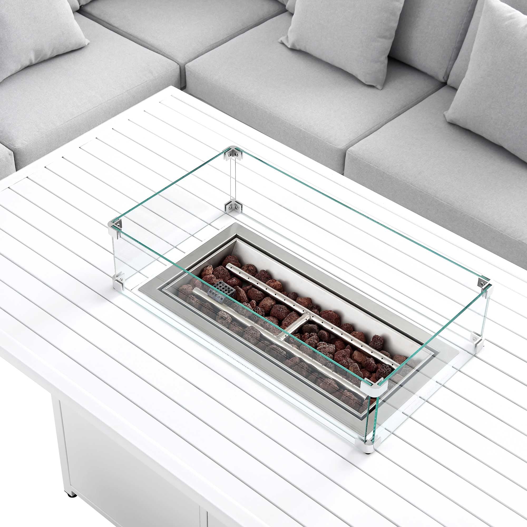 Calabasas Large Outdoor Fabric and Aluminium Corner Casual Dining Set with Firepit Table, Light Grey