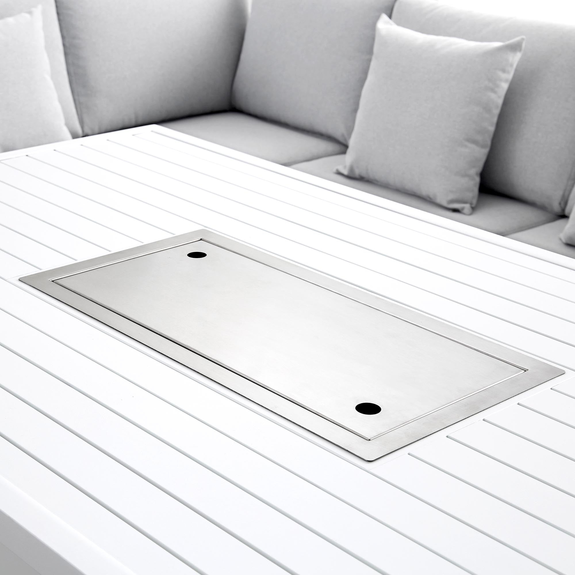 Calabasas Large Outdoor Fabric and Aluminium Corner Casual Dining Set with Firepit Table, Light Grey