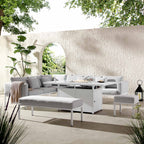 Calabasas Large Outdoor Fabric and Aluminium Corner Casual Dining Set with Firepit Table, Light Grey