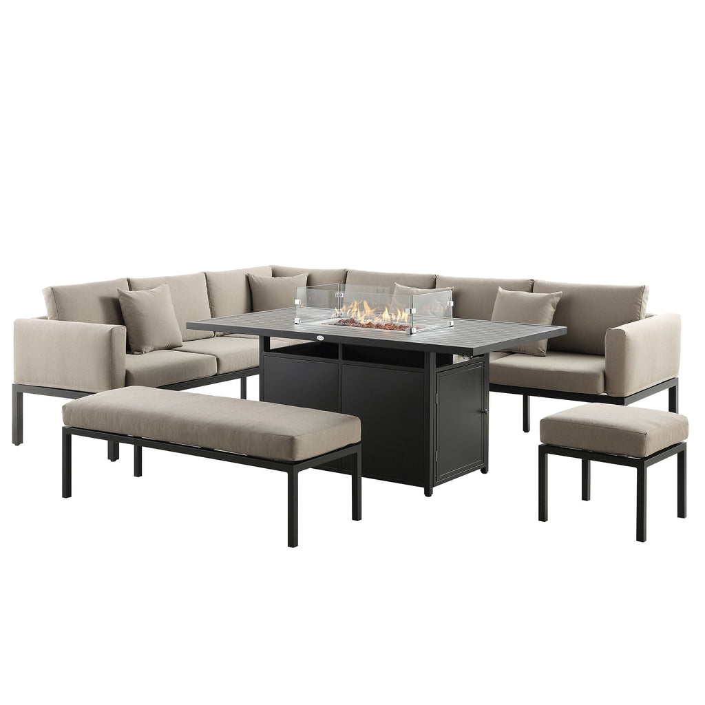 Calabasas Large Outdoor Fabric and Aluminium Corner Casual Dining Set with Firepit Table, Taupe