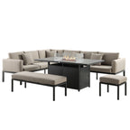 Calabasas Large Outdoor Fabric and Aluminium Corner Casual Dining Set with Firepit Table, Taupe