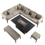 Calabasas Large Outdoor Fabric and Aluminium Corner Casual Dining Set with Firepit Table, Taupe