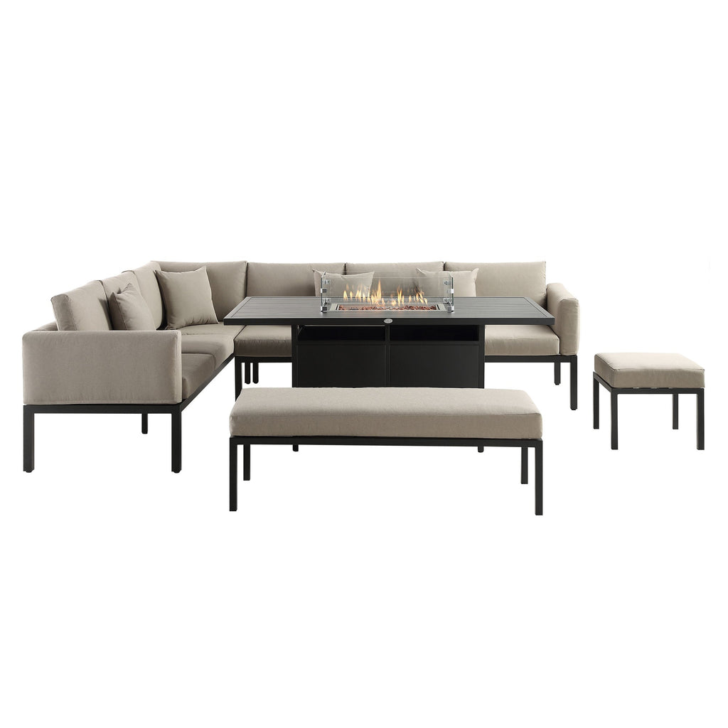 Calabasas Large Outdoor Fabric and Aluminium Corner Casual Dining Set with Firepit Table, Taupe