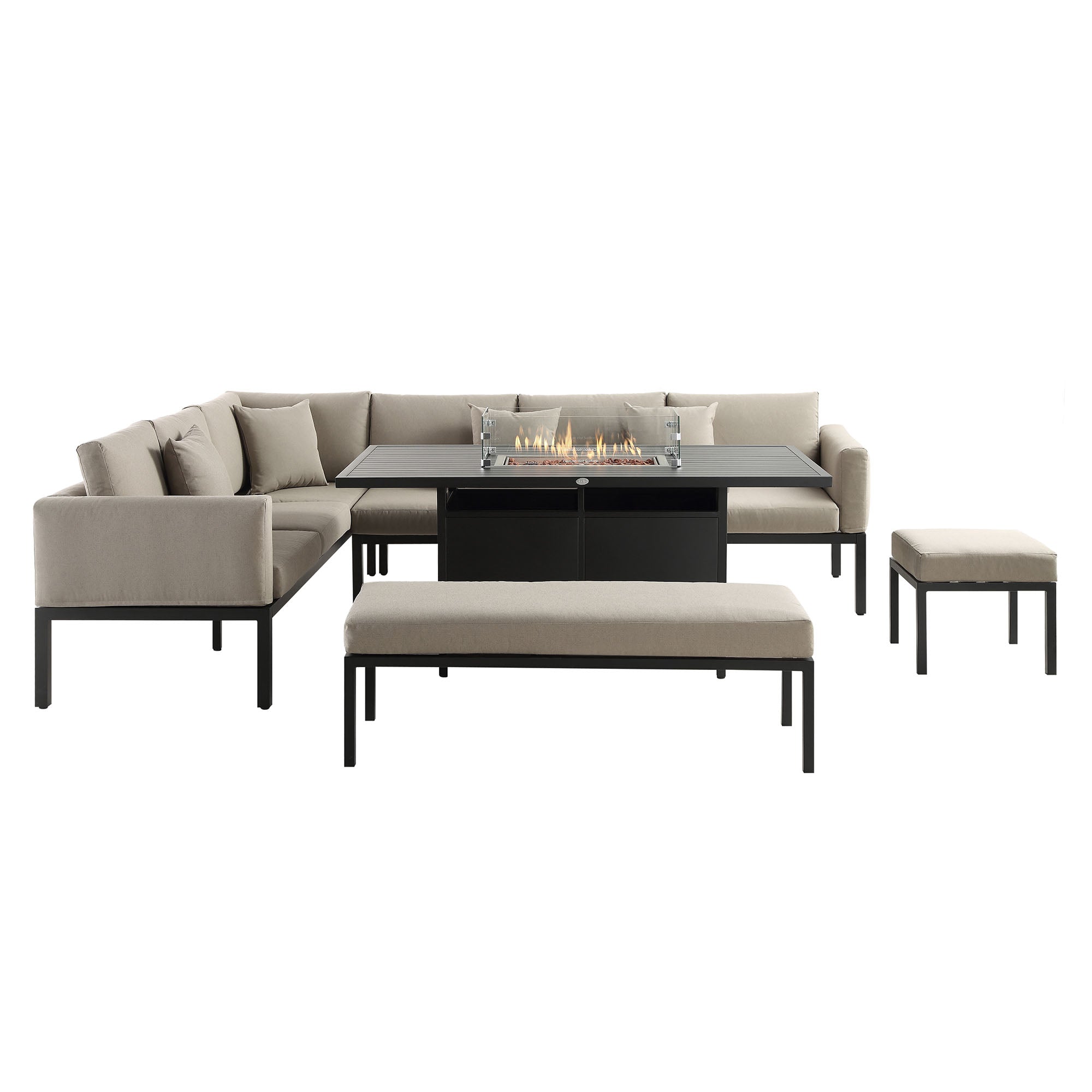 Calabasas Large Outdoor Fabric and Aluminium Corner Casual Dining Set with Firepit Table, Taupe