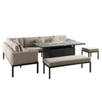 Calabasas Large Outdoor Fabric and Aluminium Corner Casual Dining Set with Firepit Table, Taupe