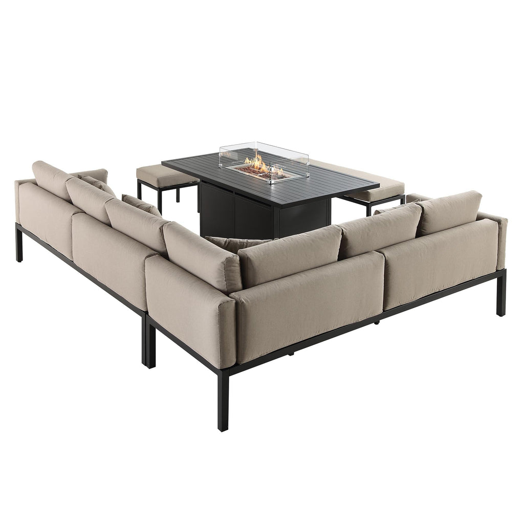 Calabasas Large Outdoor Fabric and Aluminium Corner Casual Dining Set with Firepit Table, Taupe