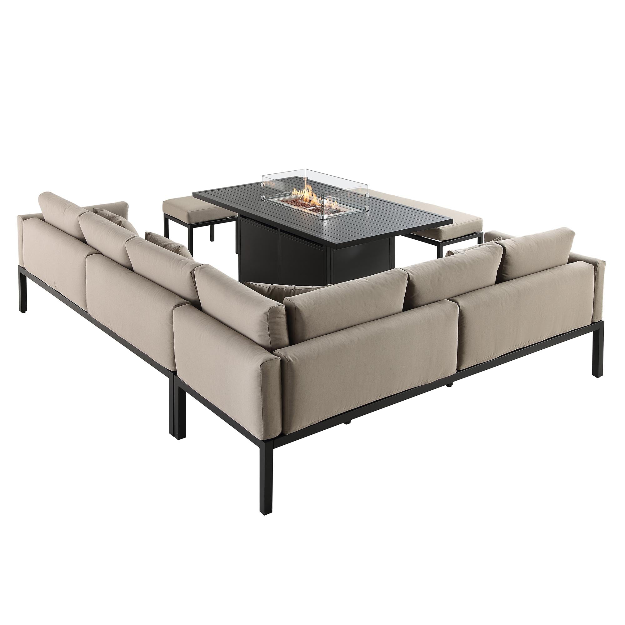 Calabasas Large Outdoor Fabric and Aluminium Corner Casual Dining Set with Firepit Table, Taupe