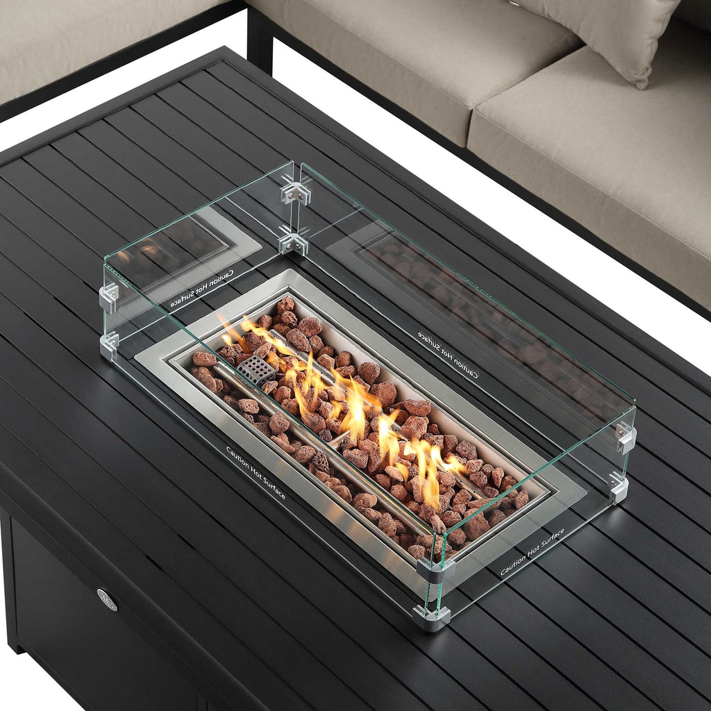 Calabasas Large Outdoor Fabric and Aluminium Corner Casual Dining Set with Firepit Table, Taupe